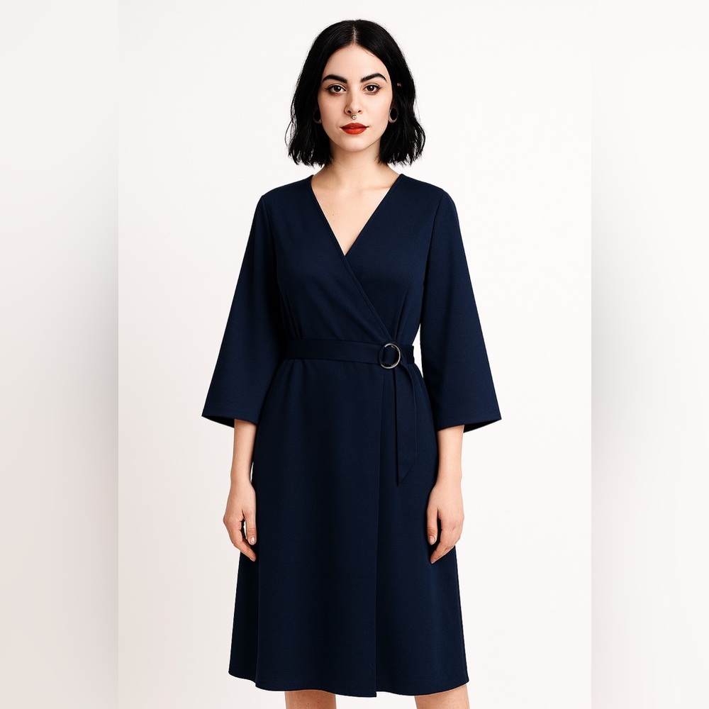 Chic Navy Kimono Sleeve Wrap Dress | Minimalist Core | Size L